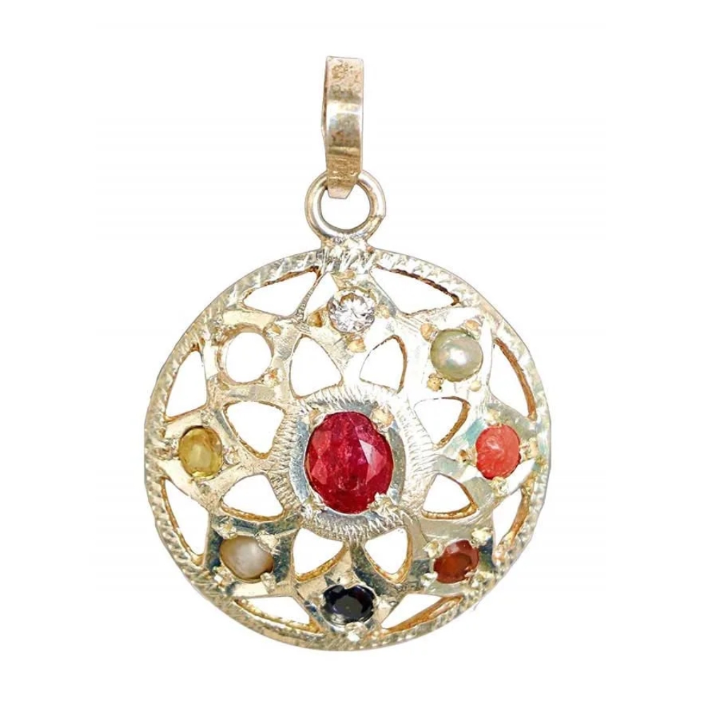 Buy Navratna Gemstone Pendant in Pure Silver - Image 3